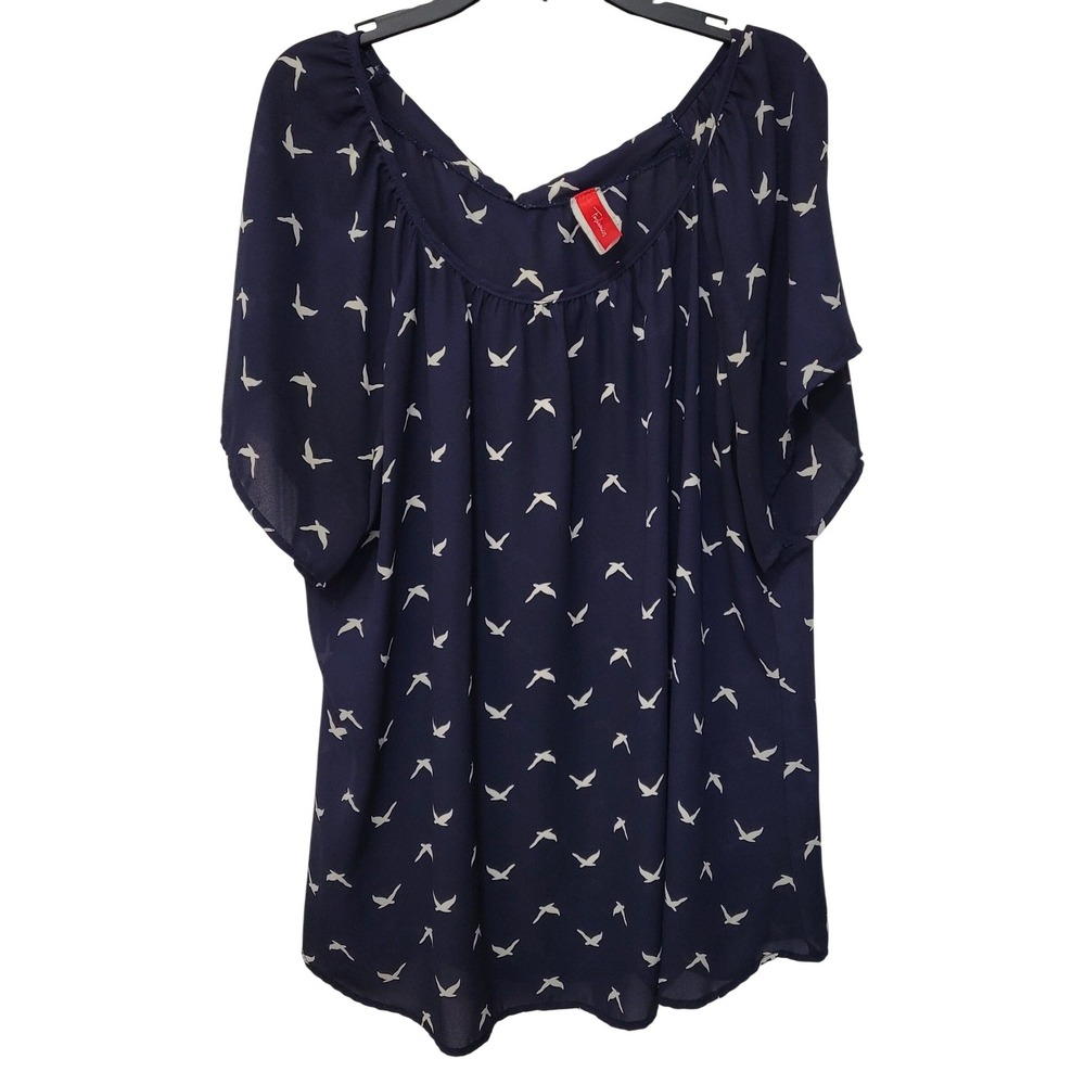 Fashionomics Bird Print Blouse Womens 1XL Navy Blue. White Tie Back Boho Airy